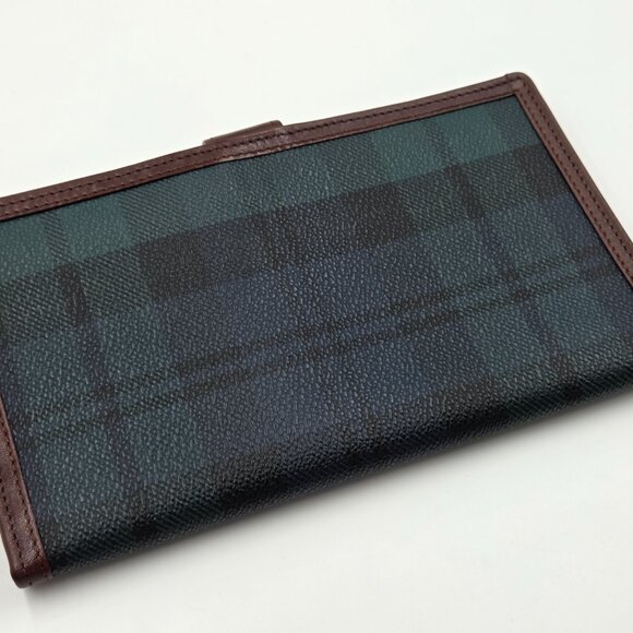 👛💚Polo Ralph Lauren Long Bifold Wallet Blackwatch Tartan Canvas Brown Leather - Picture 5 of 16